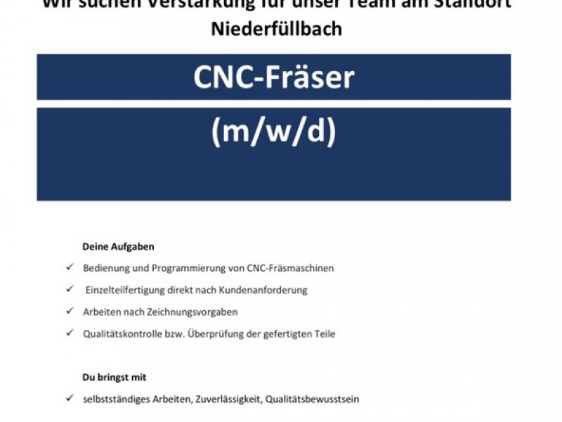 Stellenangebot Montagehelfer Gestellbau und CNC- Fräser